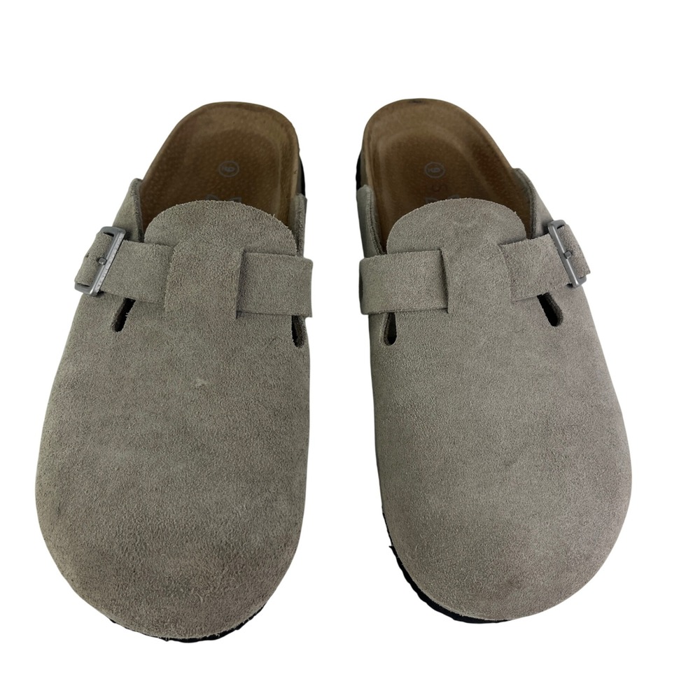Serra Suede Clogs Women 9 Taupe Gray Leather Buckle Slip On Mules